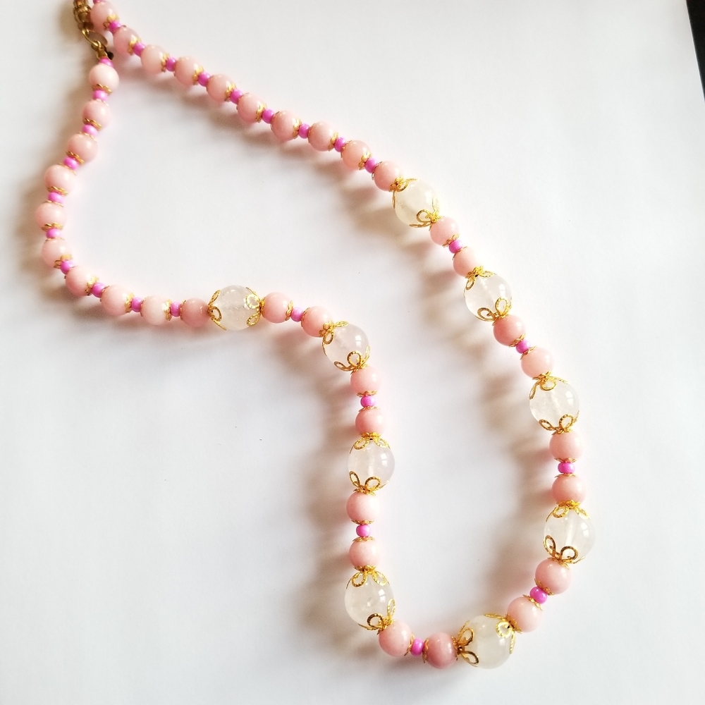 Handmade necklace pink beaded stone glass beads gold tone barbiecore